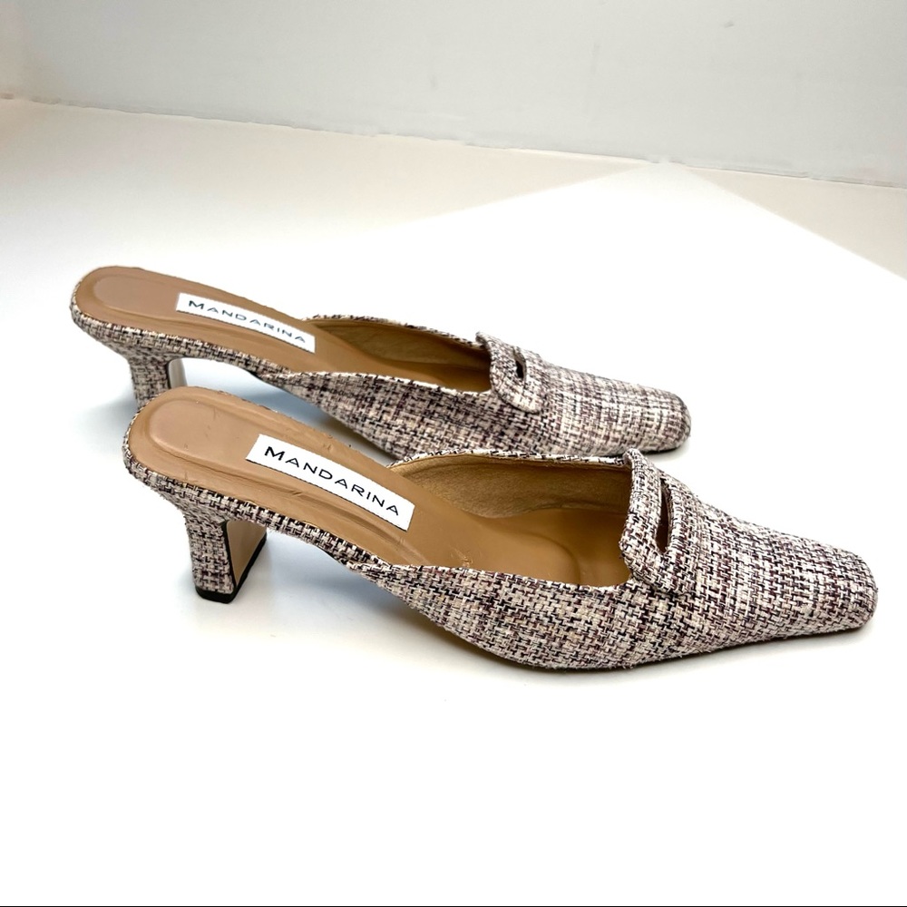 Mandarina Limited Edition Linen Tweed Kitten Heel Mules – Neutral Tones - size 8